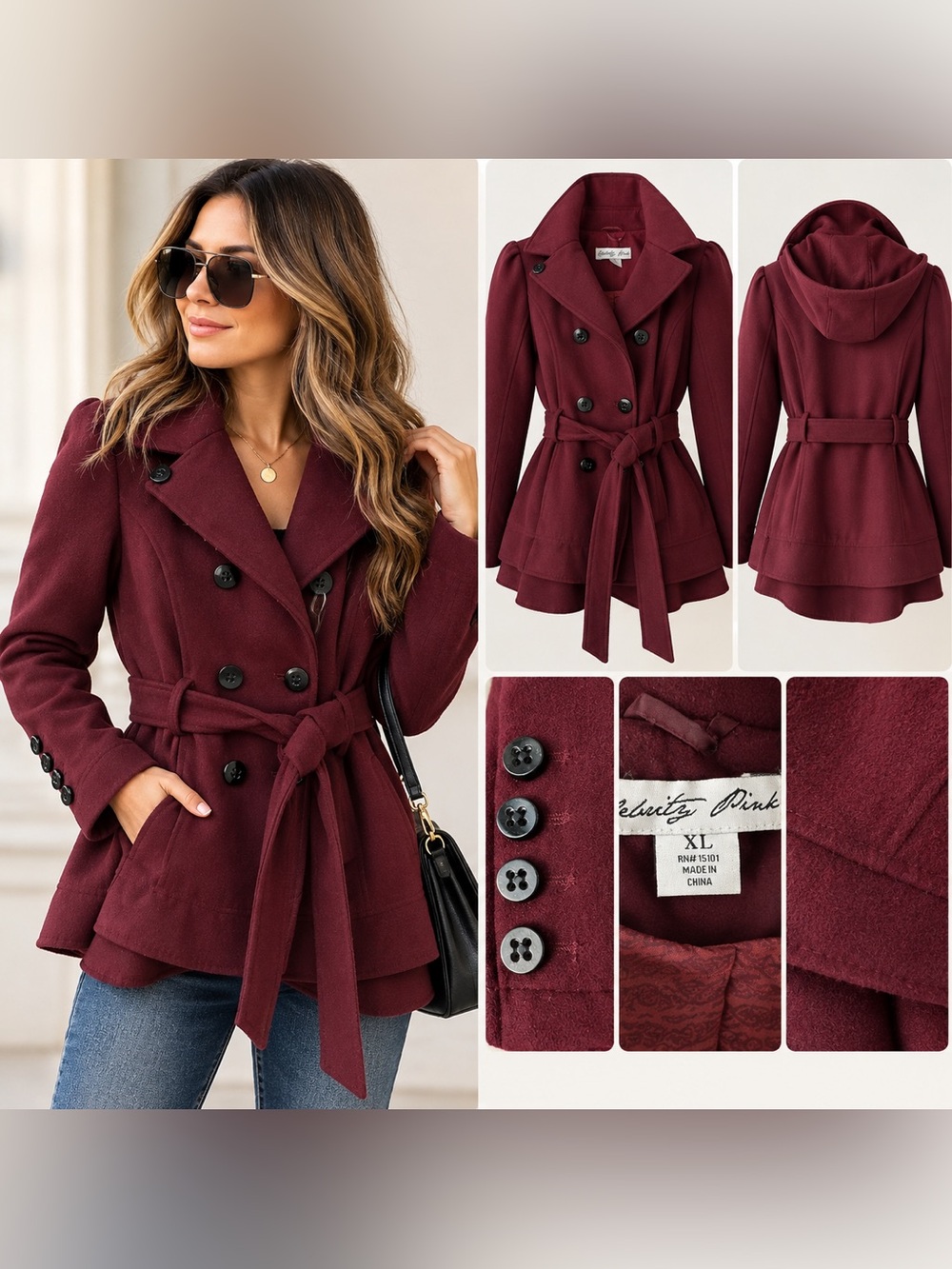 Celebrity Pink Burgundy Double-Breasted Belted Peplum Coat